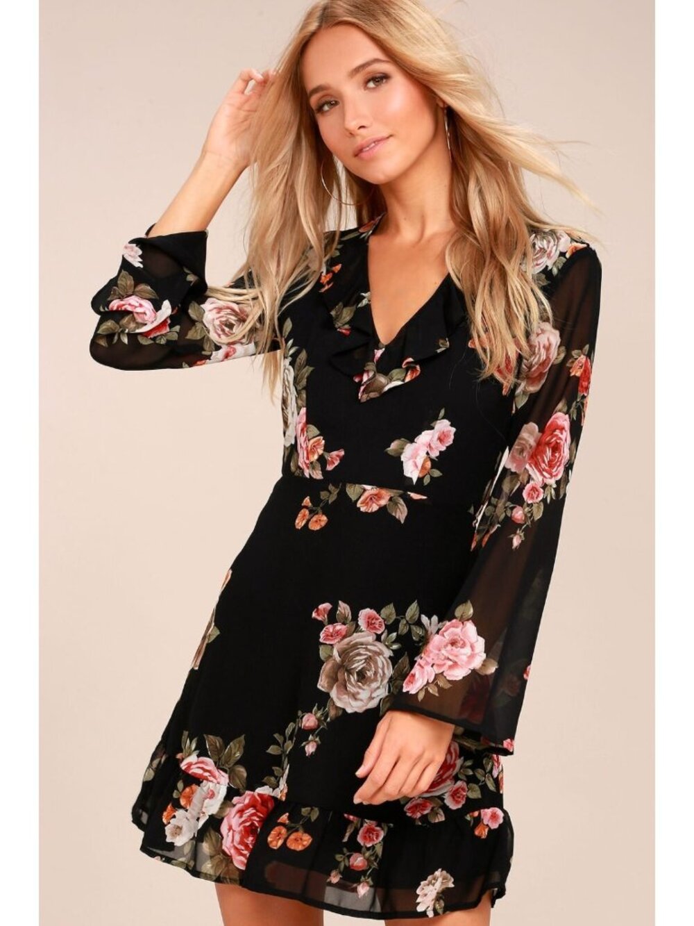 Lulus Dress Womens Medium Alive With Artistry Black Rose Floral Flare Ruffled